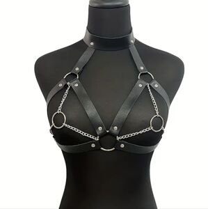 Black PU Leather BDSM Bondage Body Harness W/Silver Chains--O-rings Bra Top (OS)
